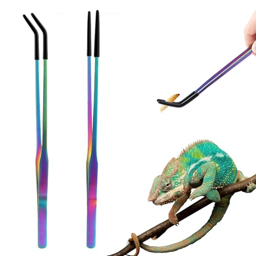 Stainless Steel Reptile Feeding Tweezers (with Non-Slip Rubber Tips) - 10.6-inch Straight & Curved Tweezers for Terrariums - Specialized Feeding Tools for Lizards & Bearded Dragons - 2-Piece Set