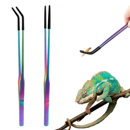 Stainless Steel Reptile Feeding Tweezers (with Non-Slip Rubber Tips) - 10.6-inch Straight & Curved Tweezers for Terrariums - Specialized Feeding Tools for Lizards & Bearded Dragons - 2-Piece Set