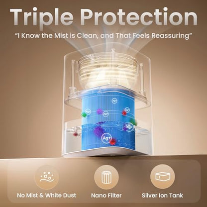Provirtec Pro Baby Evaporative Humidifier for Bedroom, Easy Clean for Kids | MistFree & No White Dust, 3 Age-Modes, BPA-Free, 16dB Quiet Sleep Mode, Auto Humidity Control, 4L Tap Water Safe for Nursery