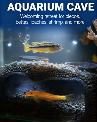 Dual-Entrance Rock-Texture Cave – Fish Tank Shelter & Aquarium Decor with 2 Tunnels, 6×3.4×2.3in (Black) - color: Black