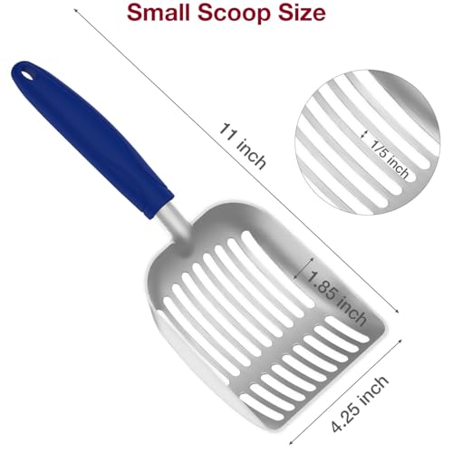 Cat Litter Scoop, Kitty Metal Scooper, Aluminum Alloy Sifter, Kitten Pooper Lifter, Deep Shovel, Long Handle, Poop Sifting, Durable, Heavy Duty, for Litter Box - color: Polished Aluminum-Blue Handle, size: Small