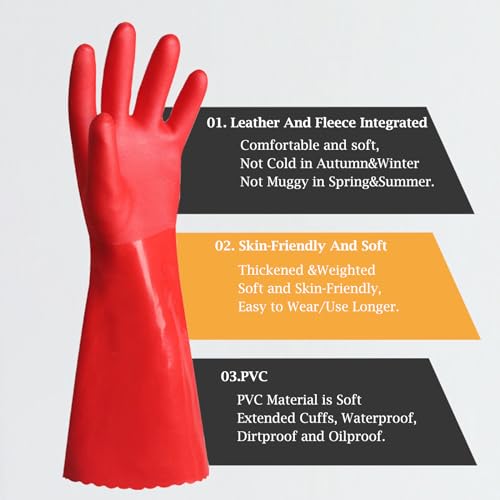KAQ PVC Rubber Gloves with Cotton Lined: Anti-Slip Dishwashing Gloves 3 Pairs for Kitchen Washing Dishes - Heavy Duty Household for Working Painting Pet Care Handling Chemicals