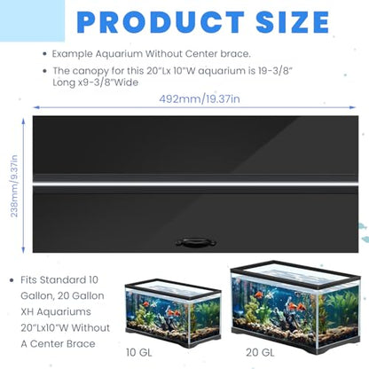 Sieral Aquarium Lids Polycarbonate Canopy with LED Light 19.37 x 9.37 x 0.12 Inch for 10/20 Gallon Without Center Brace Aquariums Cover Fish Tank Lid with a Hook Knife, Black - color: Black, size: 20x10in