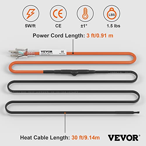 VEVOR Self-Regulating Pipe Heating Cable, 30-feet 5W/ft Heat Tape for Pipes Freeze Protection, Protects PVC Hose, Metal and Plastic Pipe from Freezing, 120V - size: 30 Feet