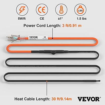 VEVOR Self-Regulating Pipe Heating Cable, 30-feet 5W/ft Heat Tape for Pipes Freeze Protection, Protects PVC Hose, Metal and Plastic Pipe from Freezing, 120V - size: 30 Feet