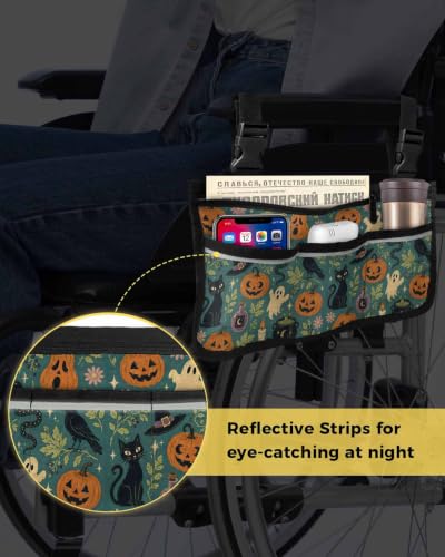 Halloween Wheelchair Bag with Cup Holder Walker Bag with Reflective Stripes for Seniors Wheel Chair Accessories Orange Scary Pumpkin Ghosts Birds Snake Cats Wheelchair Side Bags for Rollator
