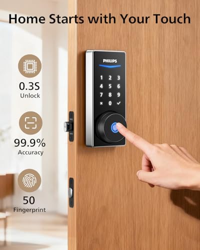 Philips Wi-Fi Smart Door Lock, Fingerprint Door Lock | APP Remote Unlock, Alexa Google Voice, 100 User Codes, Anti-Peep, Backlit Touchscreen, Waterproof, Includes 8 Batteries - color: Satin Nickel