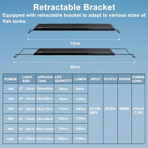 24/7 LED Aquarium Light, IP68 Waterproof Extendable Bracket Fish Tank Light with Timer, 7 Colors, 10 Level Adjustable Brightness, DIY Mode Full Spectrum Aquarium Plant Light for 30-36 Inch Fish Tank - size: 30"-36"
