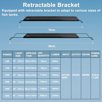24/7 LED Aquarium Light, IP68 Waterproof Extendable Bracket Fish Tank Light with Timer, 7 Colors, 10 Level Adjustable Brightness, DIY Mode Full Spectrum Aquarium Plant Light for 30-36 Inch Fish Tank - size: 30"-36"
