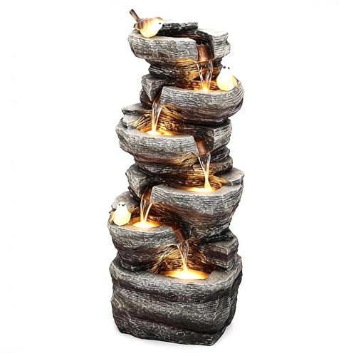 39.4" 6-Tier Cascading Rock Outdoor Fountain LED Bird Waterfall | hand-carved stone with birds, garden patio porch backyard - color: 39.4"h Gray