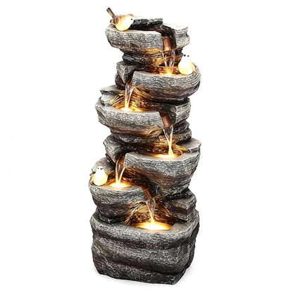 39.4" 6-Tier Cascading Rock Outdoor Fountain LED Bird Waterfall | hand-carved stone with birds, garden patio porch backyard - color: 39.4"h Gray