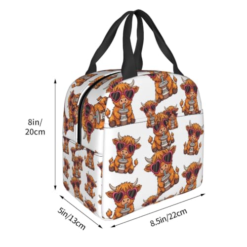 Unisex Funny Highland Print Insulated Lunch Box Durable | Cute Funny Highland Cow Heart Glasses, Oxford Foam Insulated Tote, Adjustable Strap for Travel, Gym & Hiking - color: Pattern (864)