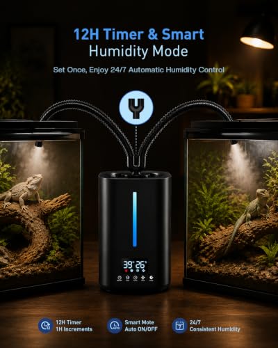 1.32 Gal / 5L Reptile Fogger Humidifier with Dual Hose, Remote Control, Humidity Sensor & Auto Humidity Control, Terrarium Mister for Reptiles, Amphibians, Plants, Grow Tent & Greenhouse