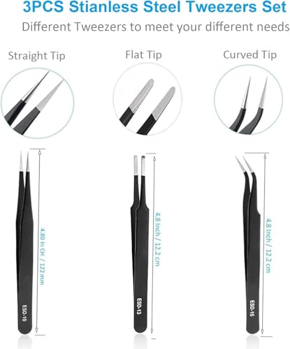 YHYZ High Precision Tweezers Set (3PCS), Anti-Static Stainless Steel Precise Tweezers (Fine, Curved, Flat), Perfect for Craft, Electronic, Soldering, Model, Hobby, Jewelry Making, Laboratory - style: 3pcs, Version 2