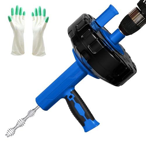 Drainsoon Auto Feed Drain Auger with Drill Adapter, 33 Feet Drain Snake Hair Clog Remover, Manual or Powered Plumbing Snake Drain Cleaner for Bathroom, Shower, Kitchen Sink, Comes with Gloves - color: Blue