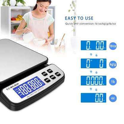 Digital Shipping Scale 110 lbs x 0.1oz with Hold/Counting Function/Tare,Stainless Steel Platform Small Mail Scale for Package,Postal,Food,Postage,Offices and Kitchen