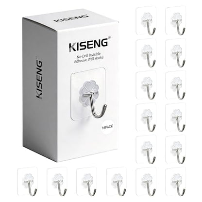 16 Pack Crystal Clear Adhesive Hooks for Hanging, Heavy Duty 22lb | Sticky Hooks, Invisible Clear Wall Hooks No Drill No Damage, Waterproof Shower Hooks for Bathroom Kitchen Towel Keys