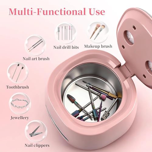 BQAN Rechargeable Nail Tool Cleaner, 3 Timers Mode Jewelry Cleaner, Portable 200ML Cleaning Machine for Nail Art Brushes, Drill Bits, Rings, Jewelry Home and Salon Use(Pink) - color: Pink