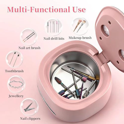 BQAN Rechargeable Nail Tool Cleaner, 3 Timers Mode Jewelry Cleaner, Portable 200ML Cleaning Machine for Nail Art Brushes, Drill Bits, Rings, Jewelry Home and Salon Use(Pink) - color: Pink