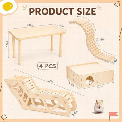 BreezeHug 4 Pcs Hamster Cage Accessories Hamster Platform Hideout Wooden Tunnel Ladder Playhouse Game Climbing Toy with Platform for Pets Dwarf Syrian Mice Degus Gerbils Squirrel(Enclosure) - style: Enclosure