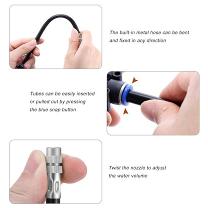 5Packs Brass Misting Nozzles Tee with 20inch Built in Hose 360° Rotation | Adjustable Water Mister Nozzles Thread Sprayer for Outdoor Cooling System 0.043" (1.1 mm) - size: 1 Way - 20inch Hose