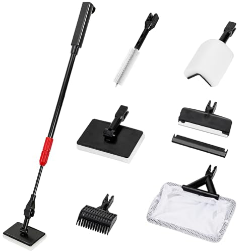 TOPZEA 6 in 1 Aquarium Cleaning Tool Kit, Fish Tank Cleaner Set with Adjustable Telescopic Long Handle (21-32 Inch) Include Algae Scraper, Scrubber Pads, Fish Net, Tube Cleaning Brush, Gravel Rake