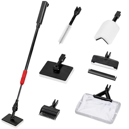 TOPZEA 6 in 1 Aquarium Cleaning Tool Kit, Fish Tank Cleaner Set with Adjustable Telescopic Long Handle (21-32 Inch) Include Algae Scraper, Scrubber Pads, Fish Net, Tube Cleaning Brush, Gravel Rake