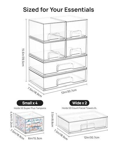 Vtopmart Stackable Storage Drawers Set of 6, Clear Plastic Organizer Bins for Bathroom Supplies, Ideal for Cabinet,Shelf, Pantry, Laundry Room Organization - style: 4 Small+2 Wide