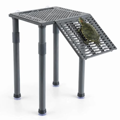 Upgraded Standing Turtle Basking Platform with Ramp, Built-in Feeding Tray, No Zip Ties, Non-Slip Ramp, Adjustable Height Turtle Dock for 25-75 Gal Aquariums, 11 in Minimum Tank Width