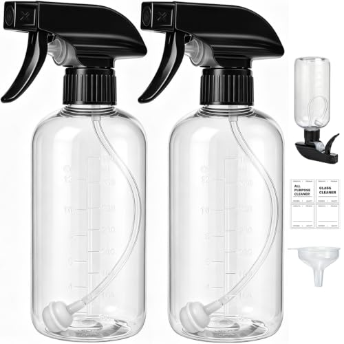 Spray Bottles 16 Oz 2-pack, 360° Any-Angle Spraying, Mist & Stream, Funnel | Professional Heavy-Duty Sprayer Bottles with Measurements & Weighted Straw, Leak-proof for Cleaning Solutions, Planting, Hair - style: 16oz, 2 pack