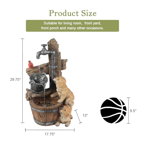 LuxenHome 25" Rustic Barrel Puppy Resin Water Fountain Outdoor with Lights | Indoor Outdoor Use Waterfall Decor with Farmhouse Barrel Design, Garden Fountain with Warm LED Illumination - color: Brown/Yellow