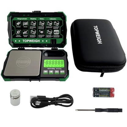 Pocket Scale, Dual Powered, Precision Gram Scale with Zipper Case | Digital Small Coin Scale, Large Backlight Display, 500g x 0.01g, 6 Weighing Units,Cal Weight, USB Cable Included - color: Green