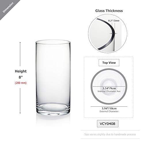 WGVI Quality Thick Weighted Clear Cylinder Glass Vases, 4" W x 8" H, Flower Arrangement Floating Candle Holders Wedding Centerpieces Terrarium Planter Floral Pen Brush Storage Container, 1 Piece - size: 4"x8"H