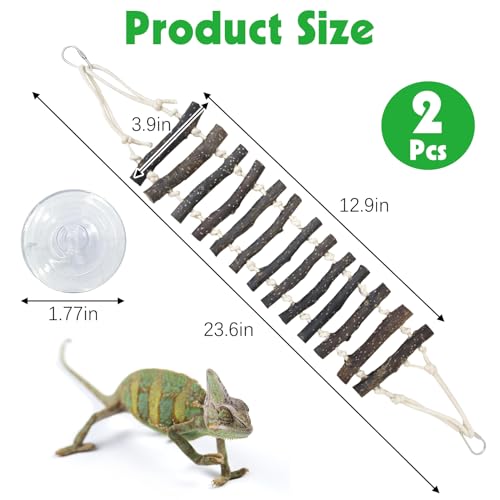 BNOSDM Reptile Climbing Ladder 2 Pcs Gecko Bridge Bearded Dragon Hammock with Suction Cup Wooden Basking Lounger Leopard Gecko Tank Accessories for Lizard, Hermit Crab, Tree Frog, Snake - color: 2pcs-Applewood
