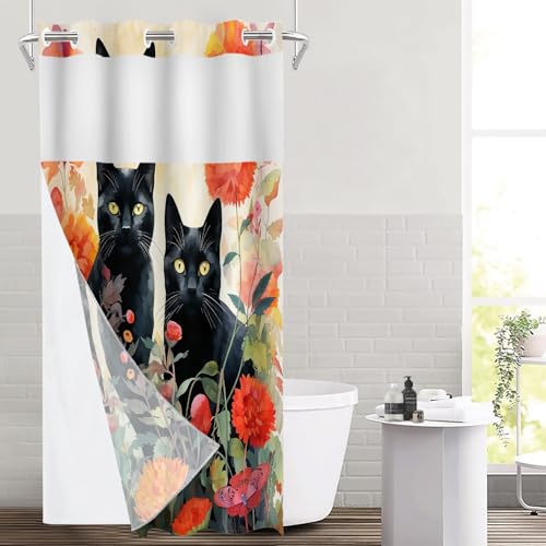 Two Black Cats No Hooks Shower Curtain with Snap in Liner Set, Colorful Floral Scene Tub Curtainn Mesh Top Window & Magnetic Hem Waterproof 35.5X74 Inch - color: Black Two Black Cats12, size: 35.4"W x 74"L (Pack of 1)