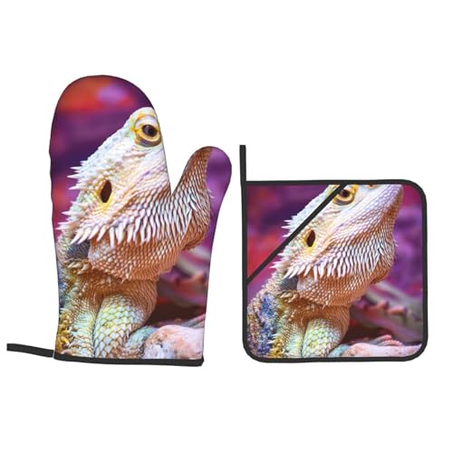 Bearded Dragon Lizards Animal Reptile Camouflage Heat Resistant Oven Mitts and Pot Holders Set of 4-500°f Protection Utensil Pocket for Grilling, Baking, Cooking