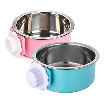 Stainless Steel Removable Pet Food Bowl, Anti-overturn Water Feeder Container, Suitable for Small Dog/Cat/Rabbit, 2 Set of Crate Bowls, Easy to Install and Clean - color: (Round) Pink/Blue