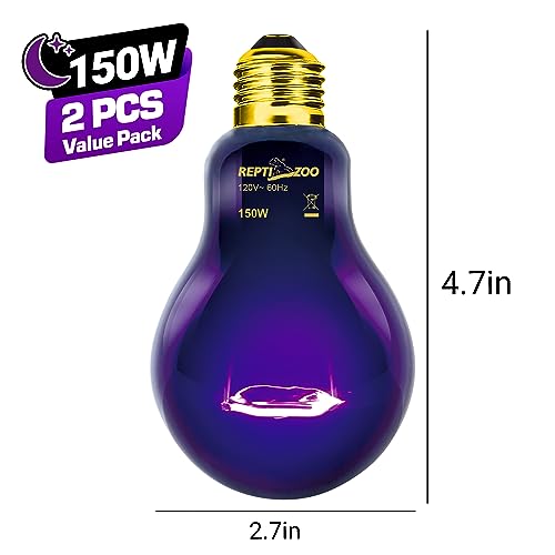REPTI ZOO 2PCS Reptile Heat Lamp, 150W Night Heat Bulb Moonlight Bulb Purple Infrared Heating Lamp Simulate Natural Moonlight Night Heat Bulb for Reptile Amphibian - style: 150W Night Heat Lamp