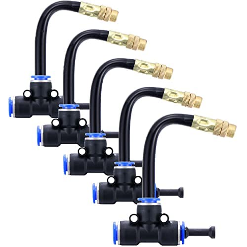 5Packs Brass Misting Nozzles Tee with 4inch Built in Hose 360° Rotation | Adjustable Water Mister Nozzles Thread Sprayer for Outdoor Cooling System 0.043" (1.1 mm) - size: 1 Way - 4inch Hose