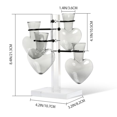Plants Propagation Stations Plant Terrarium Kit Gift for Women | Birthday Glass Planters For Indoor Plants Home Office Decor Acrylic Plant Accessories - 4 Love Hear Vase - color: Gray