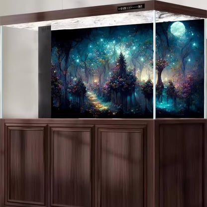 Fairy Tale Eden Aquarium Background Fantasy Trees Various Flowers Fish Tank Background Misty Night Sparking Stars Moon Terrarium Backgrounds Stunning Flowers Scene Reptile Tank Backgrounds 24x12in - color: Purple_Blue, size: 24(W)x12(H)in