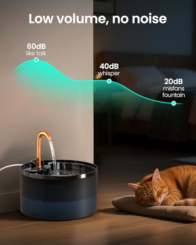MISFANS Cat Water Fountain with 3-Pack Replaceable Filters,Copper Faucet | 71oz/2.1L Cat Fountain for Drinking, MISFANS-Designed Pump & Filter, Plastic Automatic Pet Water Fountain Bowl & Dispenser