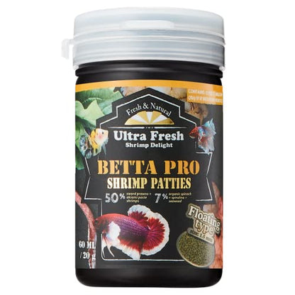 Ultra Fresh Betta Fish Food, Betta Pro Shrimp Patties, 50% Sword Prawns + Akiami Paste Shrimps, All Natural Protein, Rich in Vitamins, Healthy Development and Cleaner Water 0.7 oz - size: 0.7 Ounce (Pack of 1)