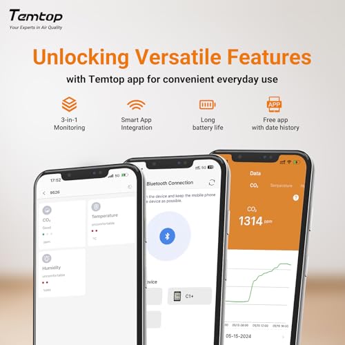 Temtop C1+ Smart Indoor Thermometer Hygrometer with Bluetooth and APP | Portable CO2 Meter with Digital Room Temperature Humidity Monitor, Real-Time Data Sync for Home, Office, Baby Nursery, School - size: C1Plus-Temp/Humidity/CO2/AQI