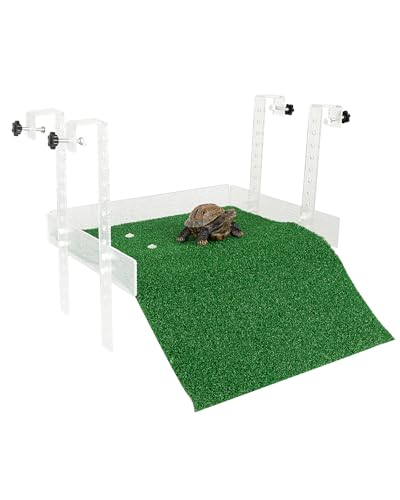 Hanging Turtle Basking Platform,with a Non-Slip Lawn That Covers Platform and Ramp,Adjustable,Fit for 15.6-19.5 Inches Width Tank,Essential for Turtle Tank Aquatic Turtles