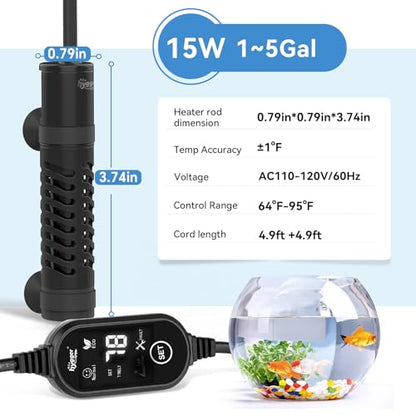 hygger Ceramic Submersible Aquarium Heater, New Explosion-Proof Fish Tank Water Heater with External Temp Controller Auto Thermostat Heater for Saltwater Freshwater (15W for 1~5 Gallon) - size: 15W for 1~5 gallon