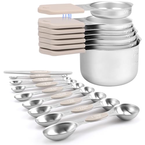 HOUJIP Magnetic Measuring Cups and Spoons Set-304 Stainless Steel,Khaki | Double Measurement Markings,BPA-Free,Set of 16 with Leveler for Measuring Dry and Liquid Ingredients - color: Khaki