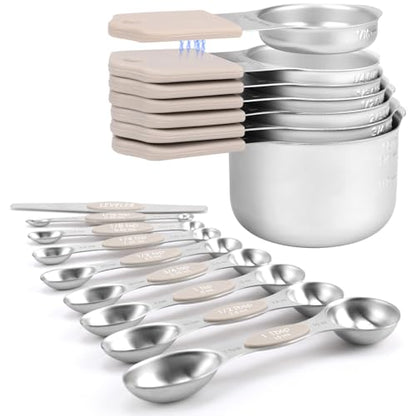 HOUJIP Magnetic Measuring Cups and Spoons Set-304 Stainless Steel,Khaki | Double Measurement Markings,BPA-Free,Set of 16 with Leveler for Measuring Dry and Liquid Ingredients - color: Khaki