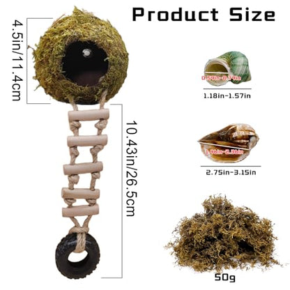 Hermit Crab Moss Coconut Shell Hideout with Climb Ladder,Leopard Gecko Hide Hut with Moss and Sea Shells,Hermit Crab Climbing Tank Accessories for Crested Gecko,Reptiles