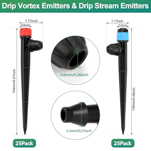 RedChili 50 Pieces Drip Emitters for 1/4" Drip Irrigation Tubing, 25 Pcs Vortex Emitters and 25 Pcs Stream Emitters Adjustable 360 Degree Full Circle Drip Emitters with Stake - size: Vortex&Stream Emitter